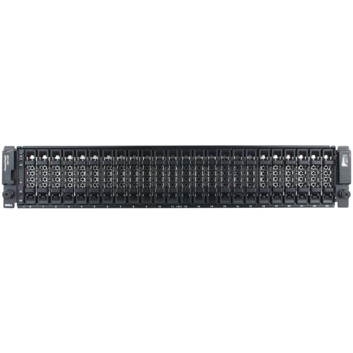 Dell EMC Unity DAE D3122F 25x2.5" disk shelf with 6x 3.84TB SAS SSDs, 2x 12G SAS controllers, and 2x 875W PSUs