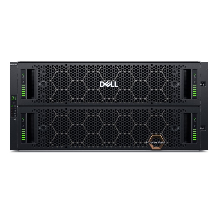 Dell PowerVault storage array ME5084 with 2x iSCSI (10/25GbE SFP28) controller, 40x 1.92TB SSD SAS4, 10x 8TB HDD SAS, rails, bezel
