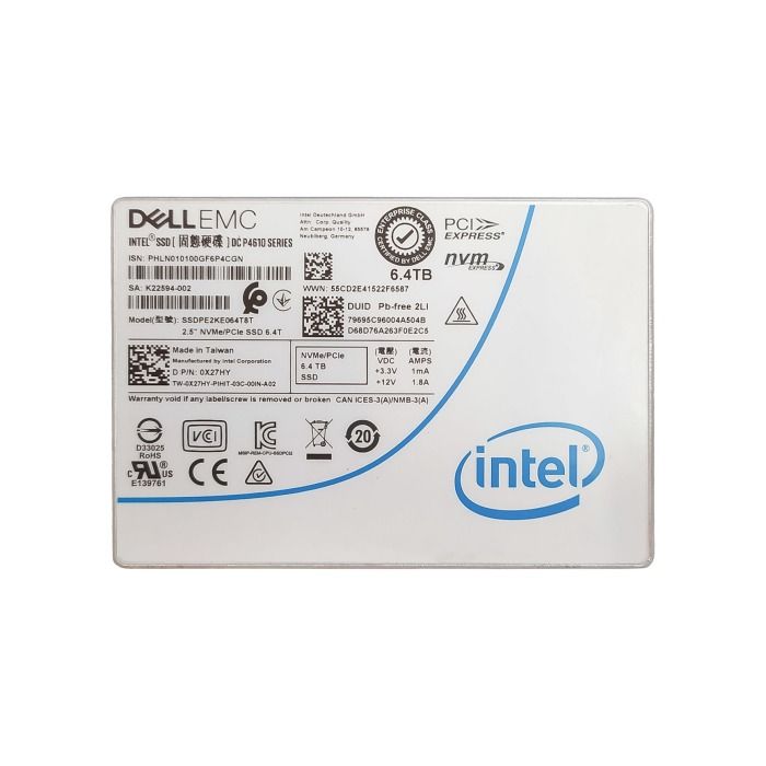 Hard Drive Dell 6.4TB SSD PCIe NVMe 3.1x4 U.2 2.5" TLC MU AES-256 X27HY