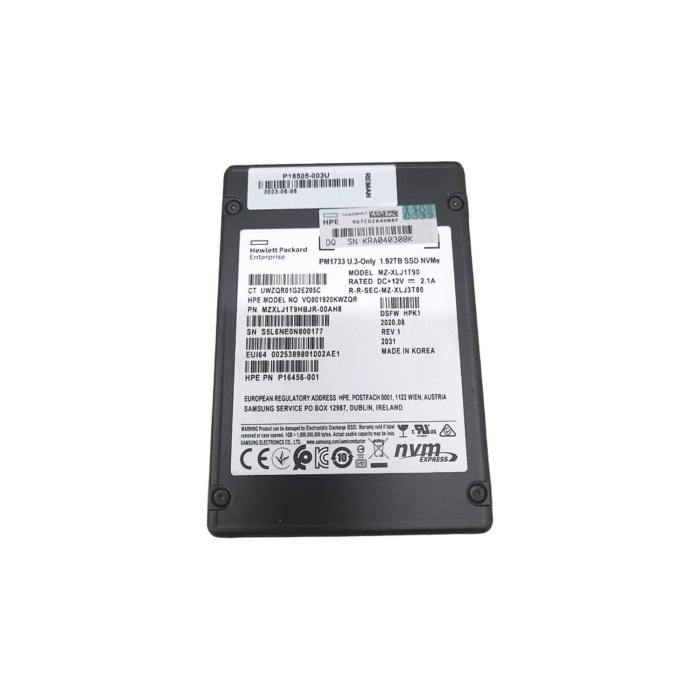 Hard drive HPE 1.92TB SSD NVMe PCIe 4.0 U.3 2.5" V-NAND TLC RI AES-256 P16456-001