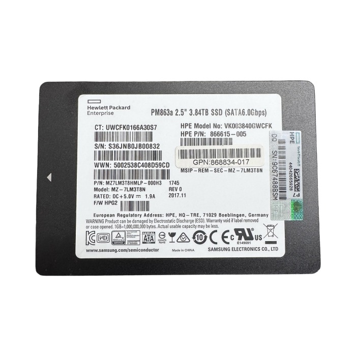 Hard drive HPE 3.84TB SSD SATA 6G 2.5" V-NAND TLC RI AES-256 512b 866615-005