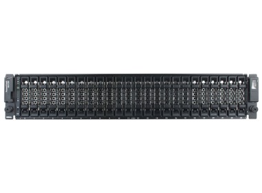 Dell EMC Unity DAE D3122F 25x2.5" disk shelf with 6x 3.84TB SAS SSDs, 2x 12G SAS controllers, and 2x 875W PSUs
